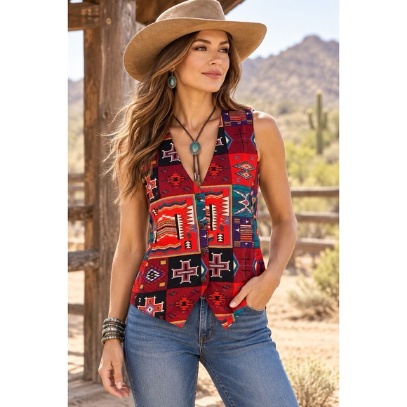 Desert West Tops - Vintage Desert West Sherry Holt Southwestern Vest M/L Western Boho USA Cotton